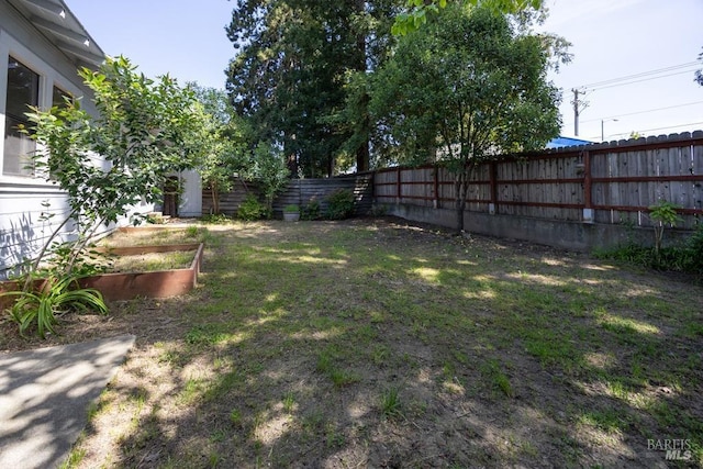 view of yard featuring a vegetable garden and a fenced backyard
