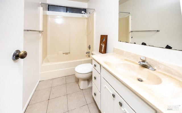 bathroom featuring bathtub / shower combination, vanity, toilet, and tile patterned flooring