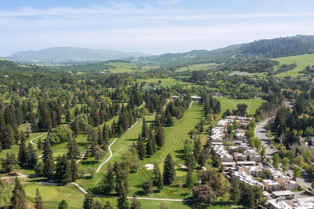 bird's eye view with a wooded view and a mountain view
