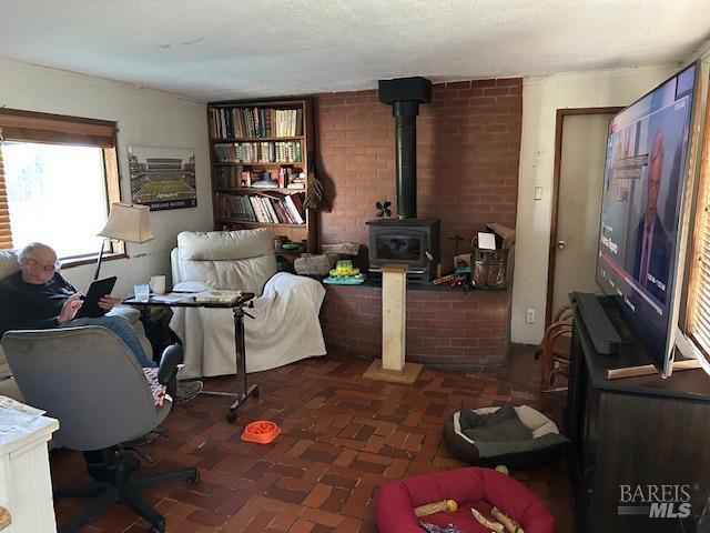sitting room featuring a wood stove and brick wall