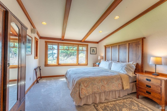 bedroom featuring baseboards, recessed lighting, lofted ceiling with beams, and light carpet