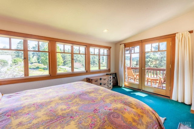 bedroom featuring carpet, access to exterior, recessed lighting, and lofted ceiling