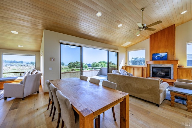 dining area featuring lofted ceiling, recessed lighting, and wooden ceiling