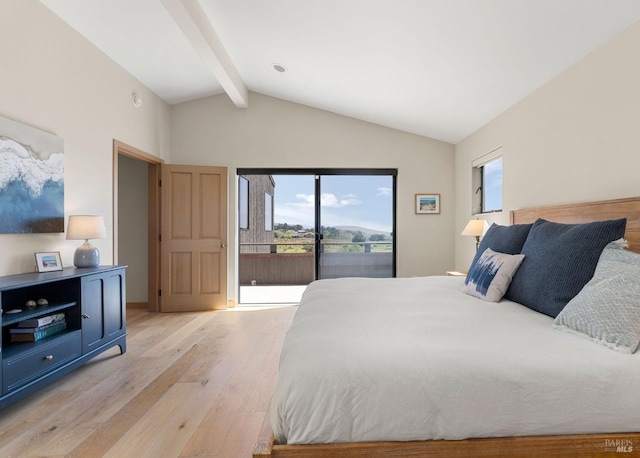 bedroom with light wood-type flooring, high vaulted ceiling, beamed ceiling, and access to outside