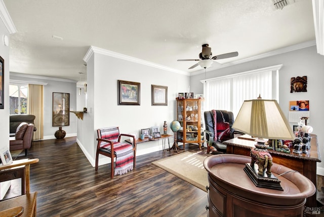 living room featuring a ceiling fan, crown molding, and dark wood-type flooring