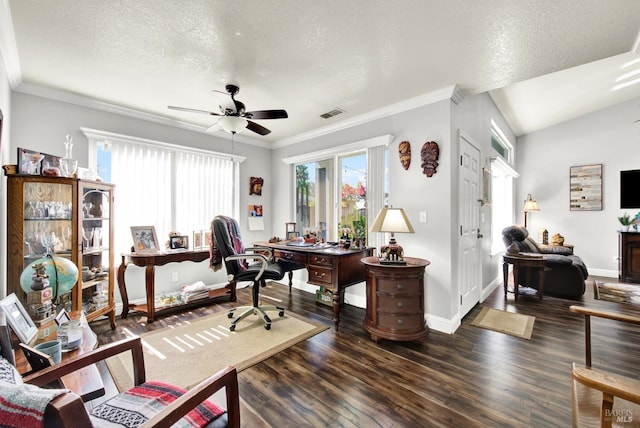 office featuring a textured ceiling, baseboards, dark wood-style flooring, visible vents, and ceiling fan