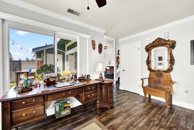 office featuring crown molding, visible vents, ceiling fan, and dark wood-style floors