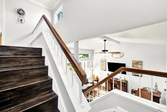 stairway featuring lofted ceiling with beams, wood finished floors, a ceiling fan, and ornamental molding