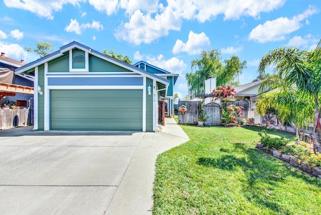 ranch-style house featuring driveway, a front yard, fence, and a garage