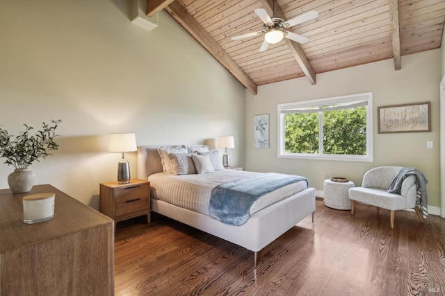 bedroom featuring wood ceiling, lofted ceiling with beams, baseboards, wood finished floors, and a ceiling fan