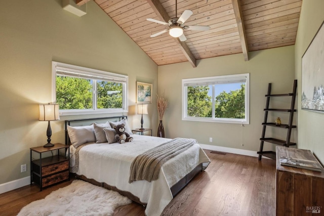 bedroom with wood ceiling, wood finished floors, visible vents, and baseboards