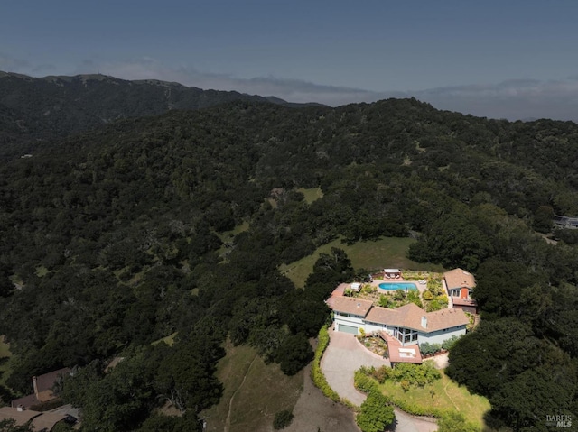 aerial view with a mountain view and a view of trees