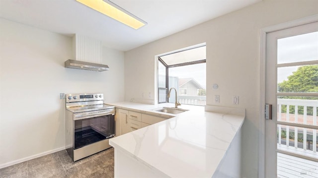 117 Sunset Cir Unit 36, Benicia, CA 94510 - kitchen with stainless steel range with electric cooktop, a sink, under cabinet range hood, light stone countertops, and a peninsula