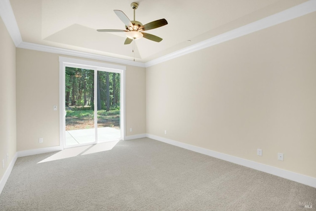 empty room featuring a raised ceiling, a ceiling fan, ornamental molding, and light carpet