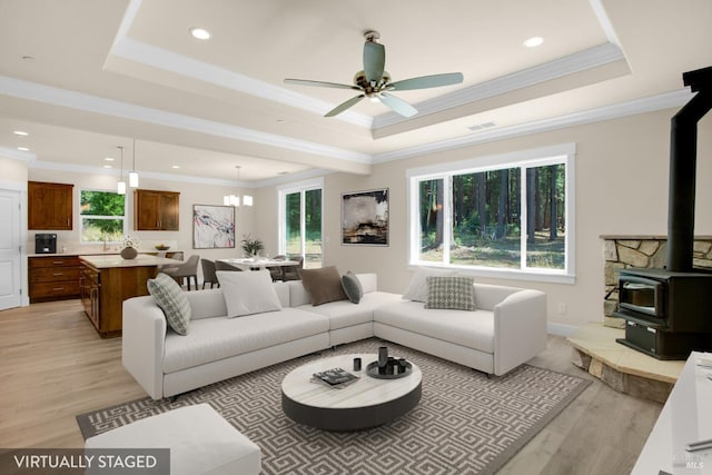living room featuring ceiling fan, a tray ceiling, light wood finished floors, and a wood stove