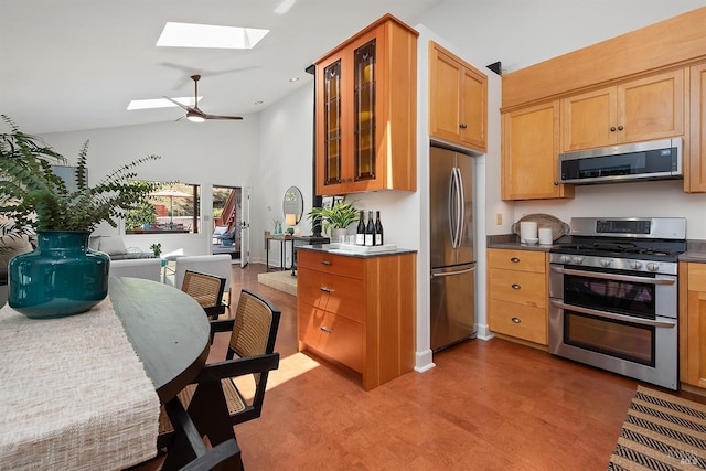 11969 Canyon Dr, Guerneville, CA 95446 - kitchen with appliances with stainless steel finishes, a skylight, wood finished floors, glass insert cabinets, and a ceiling fan