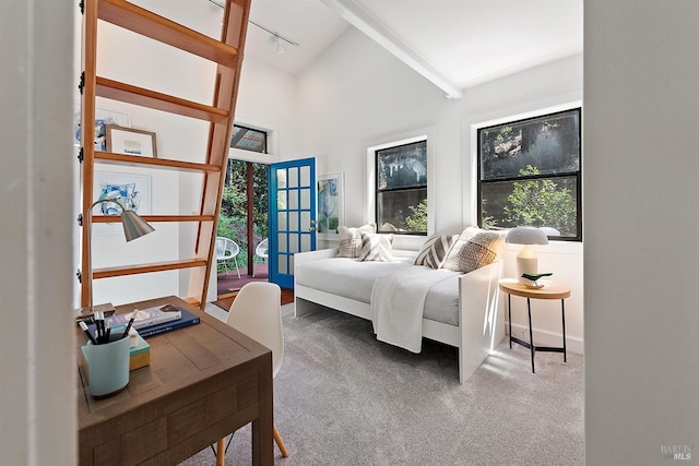 11969 Canyon Dr, Guerneville, CA 95446 - bedroom with a towering ceiling, carpet, beam ceiling, and a desk