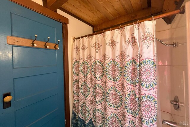 3984 Eagles Point Rd, Potter Valley, CA 95469 - bathroom with wood ceiling and a shower with shower curtain