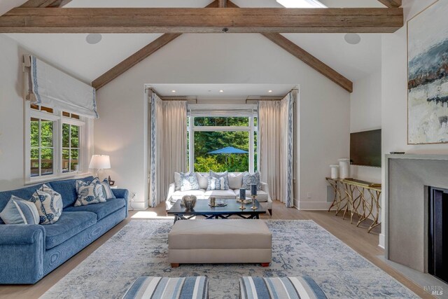 1711 Spring St, Saint Helena, CA 94574 - living area featuring beam ceiling, high vaulted ceiling, recessed lighting, baseboards, and wood finished floors