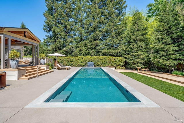 view of pool with a fenced in pool and a patio area