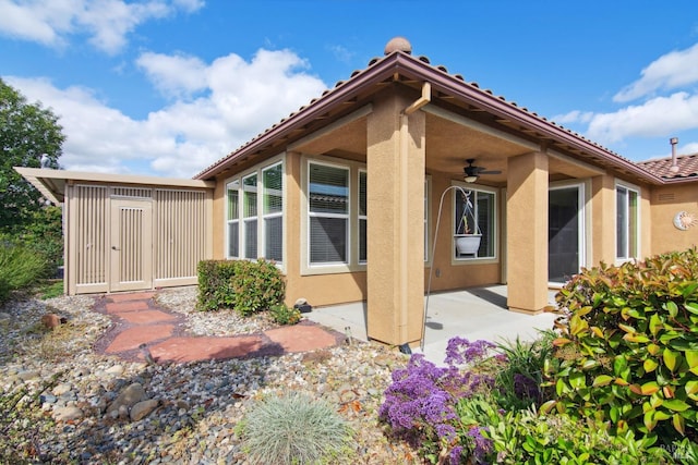 back of property with stucco siding, a tiled roof, a ceiling fan, and a patio