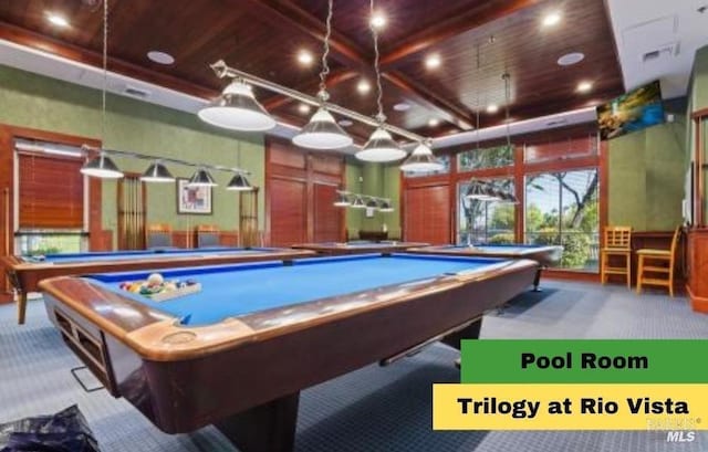playroom with a towering ceiling, billiards, wooden ceiling, and carpet floors