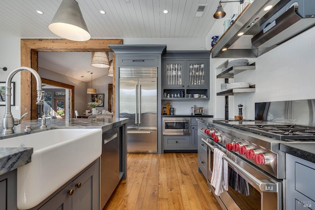 5310 Silverado Trl, Napa, CA 94558 - kitchen featuring open shelves, built in appliances, gray cabinets, a sink, and light wood finished floors