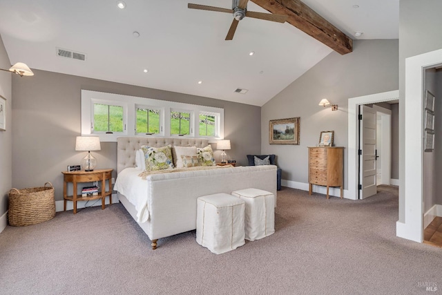 5310 Silverado Trl, Napa, CA 94558 - bedroom featuring recessed lighting, vaulted ceiling with beams, baseboards, and light carpet