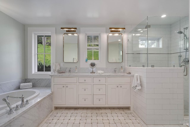 5310 Silverado Trl, Napa, CA 94558 - bathroom with double vanity, a bath, tile patterned flooring, a stall shower, and a sink