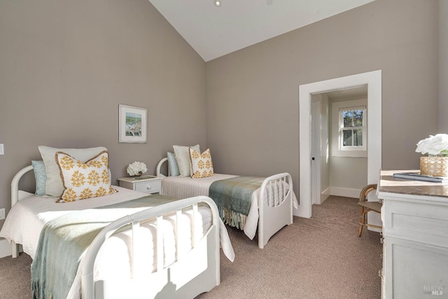 5310 Silverado Trl, Napa, CA 94558 - bedroom with baseboards, light carpet, and high vaulted ceiling