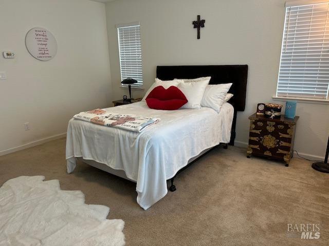 bedroom with baseboards and carpet