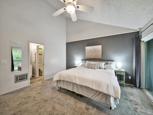bedroom featuring ceiling fan, baseboards, carpet, high vaulted ceiling, and ensuite bath