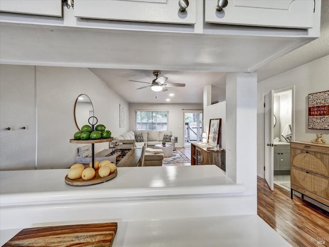 interior space with wood finished floors, a ceiling fan, and light countertops