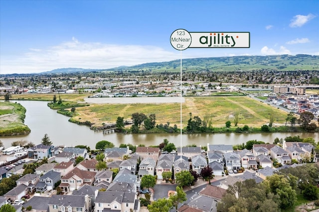 bird's eye view with a residential view and a water and mountain view
