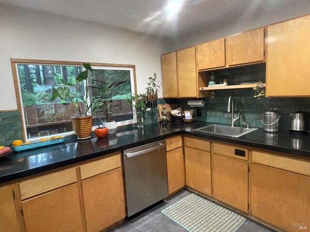 kitchen featuring a sink, open shelves, and dark countertops