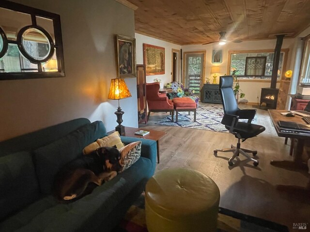 living room featuring wood ceiling and wood finished floors