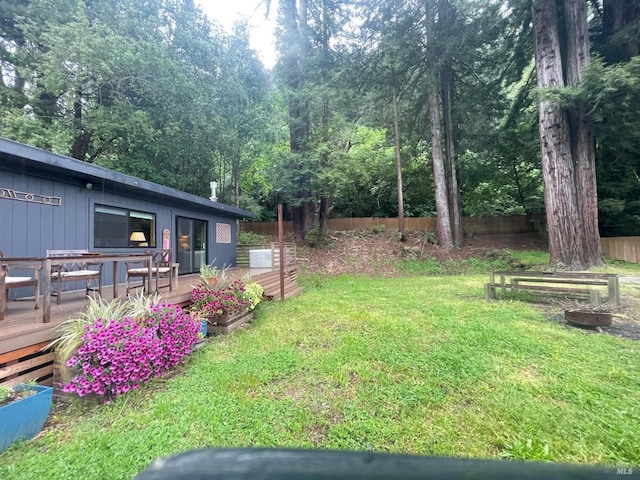 view of yard with fence and a deck