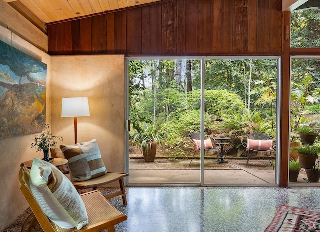 doorway to outside featuring a healthy amount of sunlight and wood ceiling