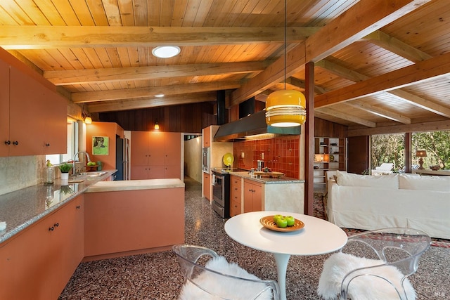 kitchen featuring tasteful backsplash, wooden ceiling, stainless steel electric range, range hood, and a sink