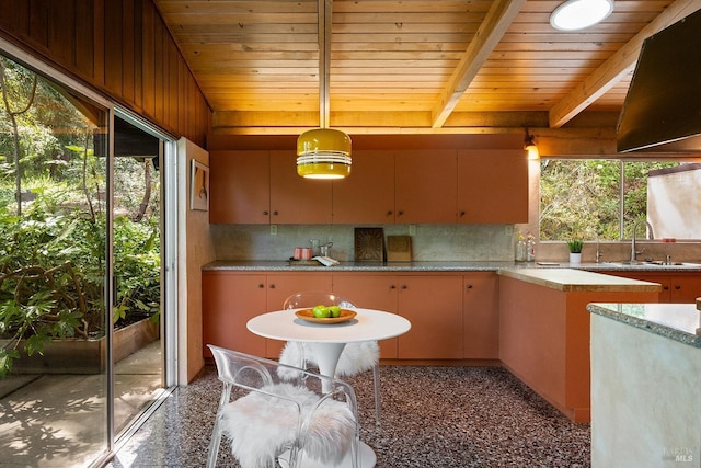 kitchen featuring tasteful backsplash, a sink, plenty of natural light, light countertops, and wooden ceiling