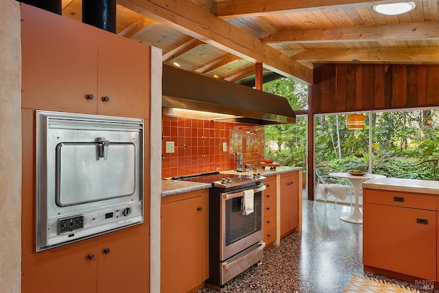kitchen with light countertops, electric range, decorative backsplash, and wood ceiling