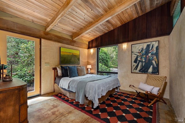 bedroom with wood ceiling, vaulted ceiling with beams, and multiple windows
