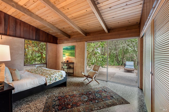 bedroom featuring lofted ceiling with beams, access to outside, and wooden ceiling