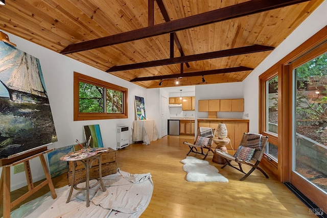 living area featuring heating unit, wooden ceiling, vaulted ceiling with beams, and light wood-type flooring
