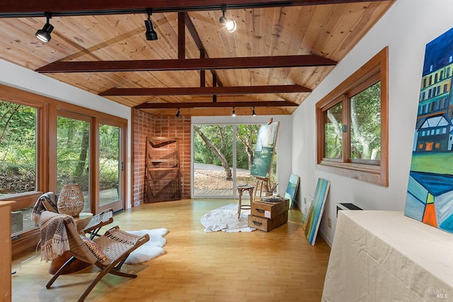 sunroom / solarium featuring track lighting and beam ceiling