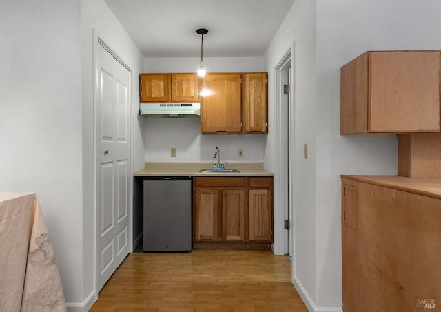 kitchen with under cabinet range hood, light countertops, a sink, light wood-type flooring, and dishwashing machine