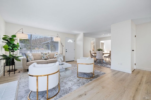 living area featuring baseboards and wood finished floors