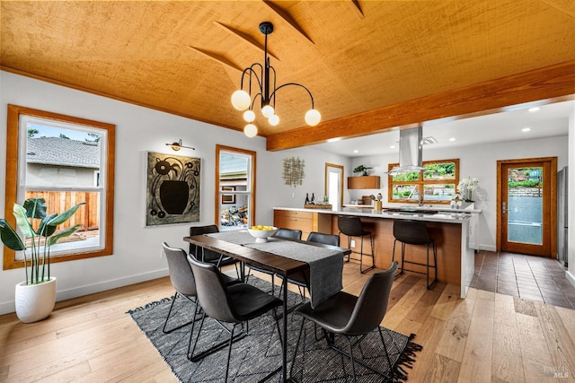 dining area with light wood-type flooring, recessed lighting, baseboards, and wooden ceiling