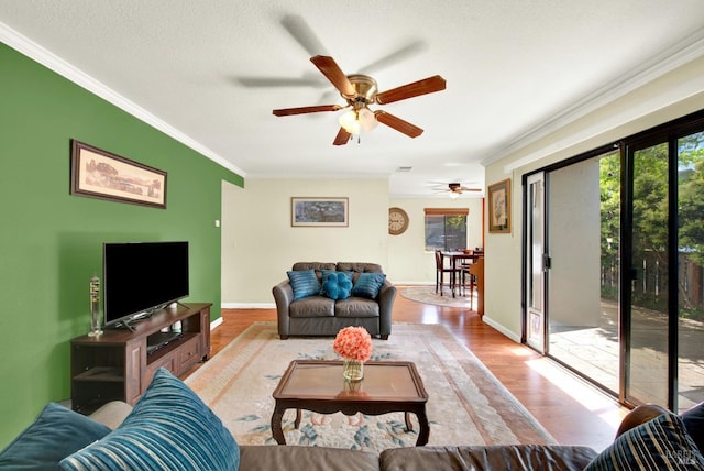 living area featuring crown molding, ceiling fan, baseboards, and wood finished floors