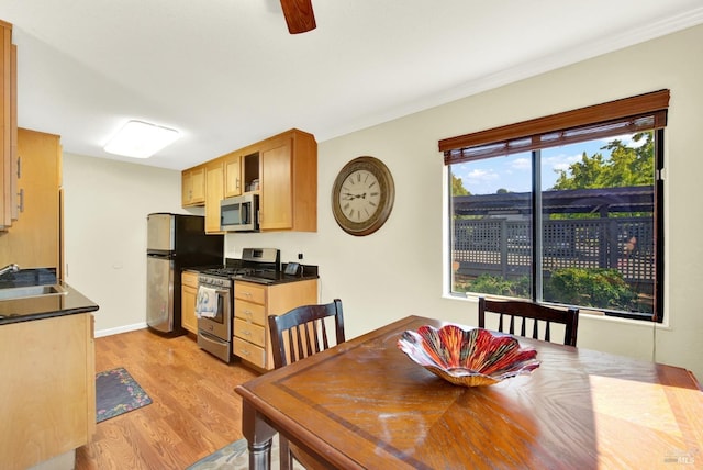 dining space with crown molding, baseboards, a ceiling fan, and light wood-style flooring